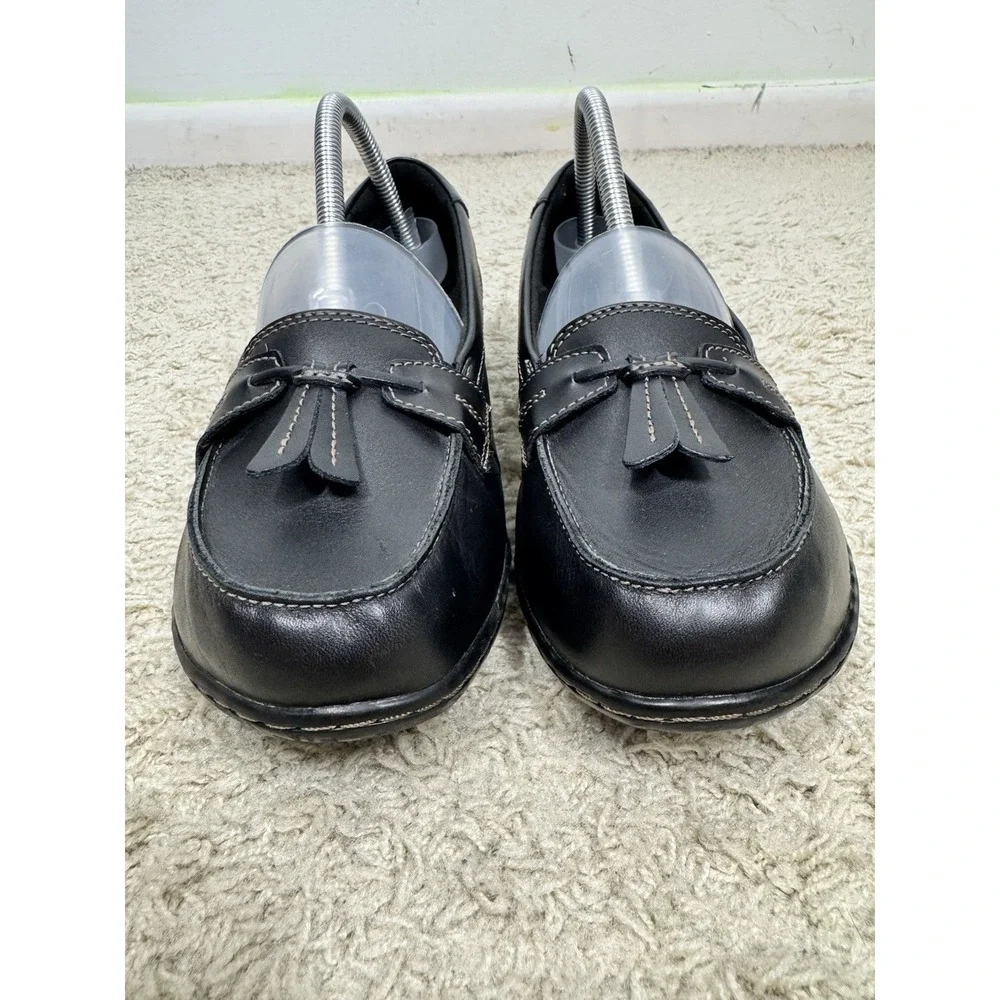 Clarks Ashland Bubble Black Leather Slip On Comfort‎ Loafers Size 8.5 XW Tassels